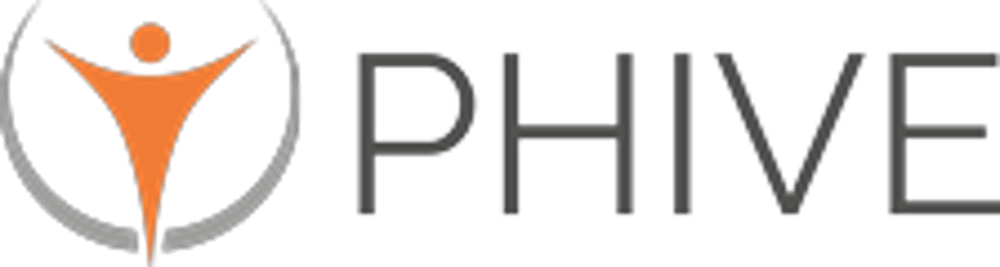 Logo mit orangem, stilisiertem Menschen in grauem Kreis, daneben der Schriftzug „PHIVE“.