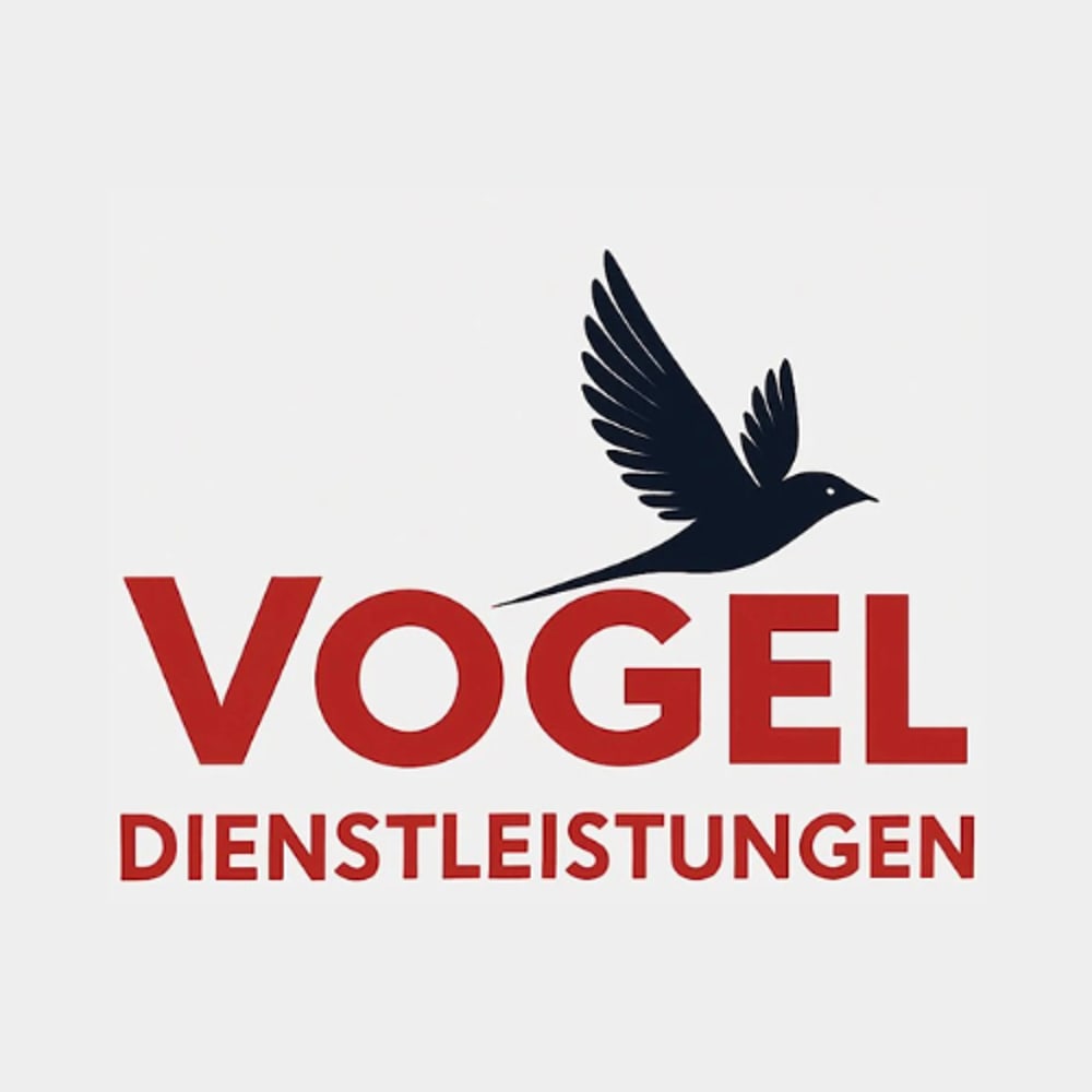 Logo mit fliegendem Vogel und Text "VOGEL DIENSTLEISTUNGEN" in Rot und Schwarz auf grauem Hintergrund.