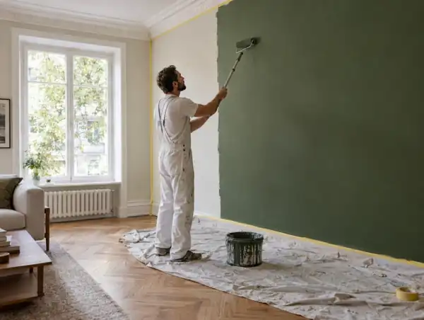 Maler streicht Wohnzimmerwand in Grün