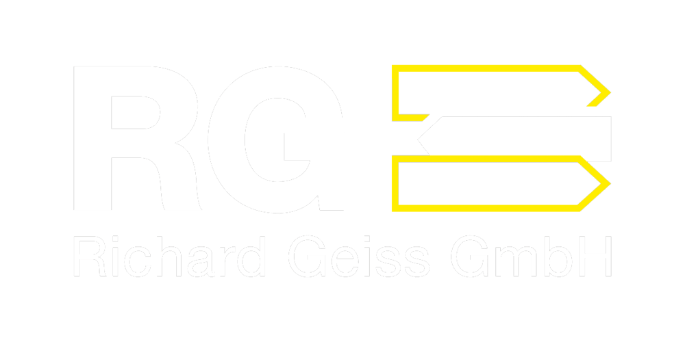 RG Richard Geiss GmbH Logo, weißer Text und gelbe Pfeile 
