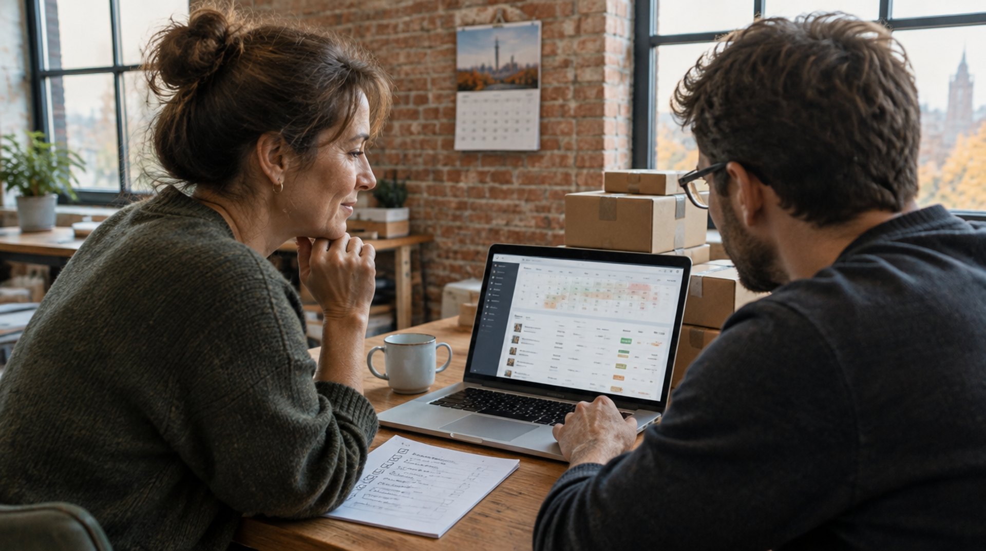 Shop-Inhaberin und Freelancer in einem Berliner Loft am Laptop mit dem Aktionskalender im Shopify-Admin, daneben Versandkartons und eine Checkliste auf Papier