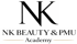 Schwarzes Logo mit den Buchstaben "NK" darüber und "NK BEAUTY & PMU Academy" darunter, getrennt durch eine goldene Linie.