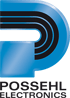 Blaues Logo in Form eines stilisierten P mit schwarzen Linien und dem Schriftzug Possehl Electronics auf schwarzem Grund.