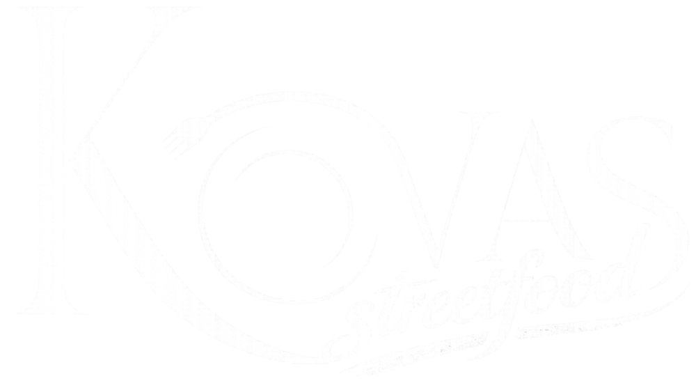 Weißes "Kovas Streetfood"-Logo auf dunkelgrünem Hintergrund; Gabel über dem "O".