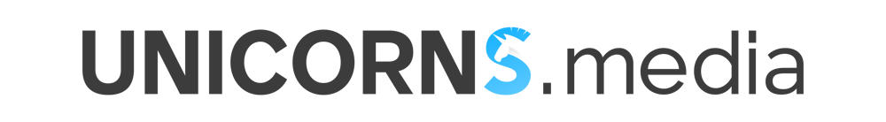 Unicorns.media Logo mit blauem S und kleinem Horn.