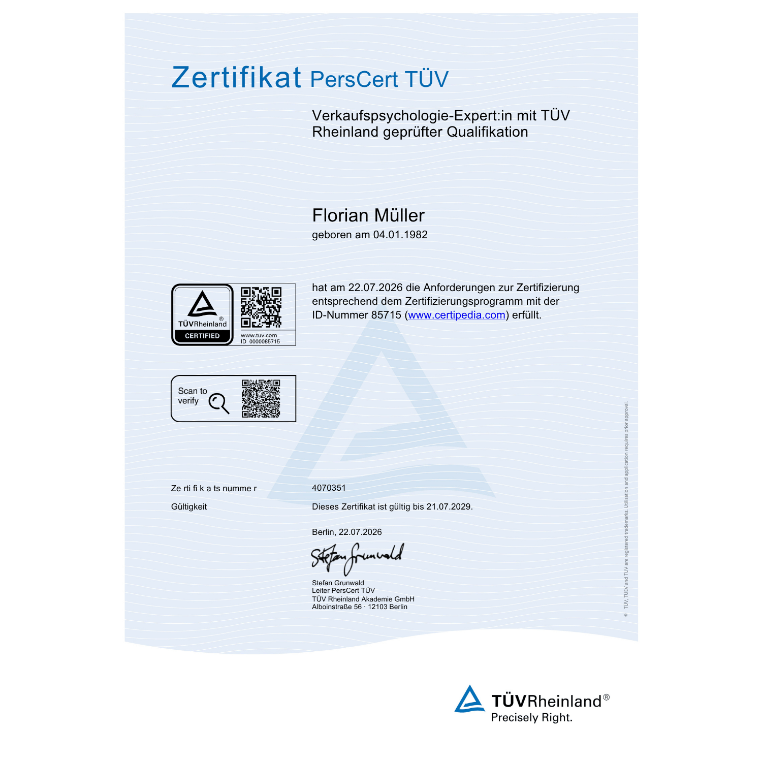 Zertifikat PersCert TÜV für Florian Müller, Verkaufspsychologie