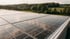 Große Fläche von Solarmodulen auf einem Dach mit Wald und Feldern im Hintergrund bei Sonnenlicht.