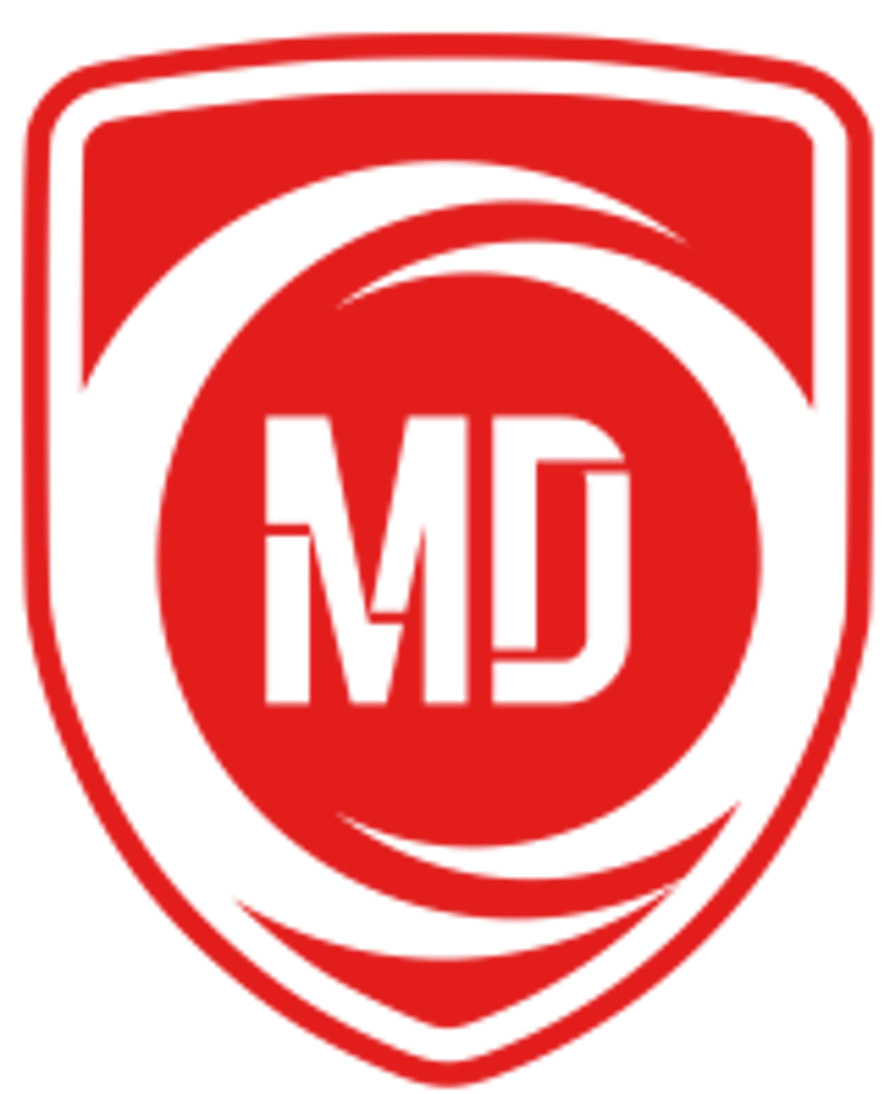 Rotes Wappenschild-Logo mit den Buchstaben "MD" in der Mitte und geschwungenen Linien.