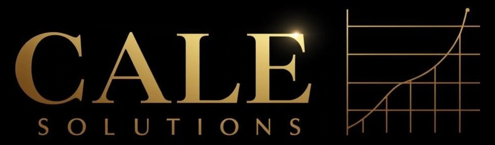 Goldener Schriftzug mit aufsteigendem Balkendiagramm, daneben der Text "CALE Solutions".