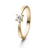 Goldener Verlobungsring mit einem quadratischen Diamanten in einer Vier-Griffen-Fassung auf weißem Hintergrund.