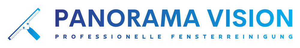 Logo von Panorama Vision professionelle Fensterreinigung mit einem blauen Abzieher-Symbol auf schwarzem Hintergrund.