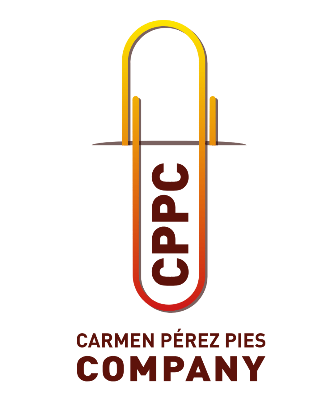 Logo der Carmen Pérez Pies Company mit einer Büroklammer, dem Kürzel CPPC und dem vollen Firmennamen auf schwarzem Grund.