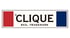 Clique Logo mit schwarzem Text, einem roten Rechteck links und einem blauen Rechteck rechts auf weißem Hintergrund.