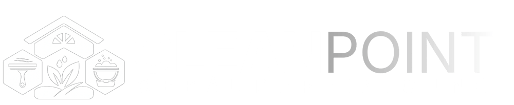 Logo mit weißem Haus, Reinigungswerkzeugen und Text "CLEANPOINT GEBÄUDEREINIGUNG" auf dunkelgrünem Hintergrund.