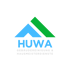 Ein Kreis aus blauen Wassertropfen und grünen Blättern umgibt den Text "HUWA Gebäudedienste".