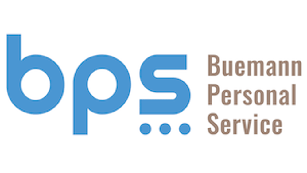 Blaues "bps" Logo mit drei Punkten unter dem "s" und dem Text "Buemann Personal Service" in Braun daneben.