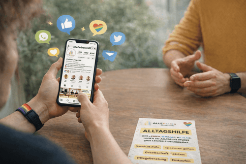 A person holds a smartphone showing an Instagram profile, social media icons floating, an “Alltagshilfe” brochure on the table.