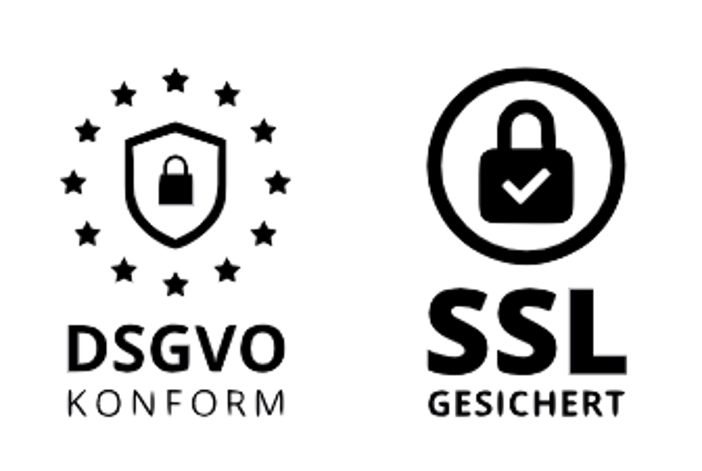 Logos für DSGVO konform mit Schild und Sternen sowie SSL gesichert mit einem Vorhängeschloss-Symbol auf schwarzem Grund.