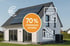 Ein Haus mit Solarmodulen, Wärmepumpe und Icons: Eurozeichen, Förderbescheid, sinkende Balken und "70% Förderung sichern".