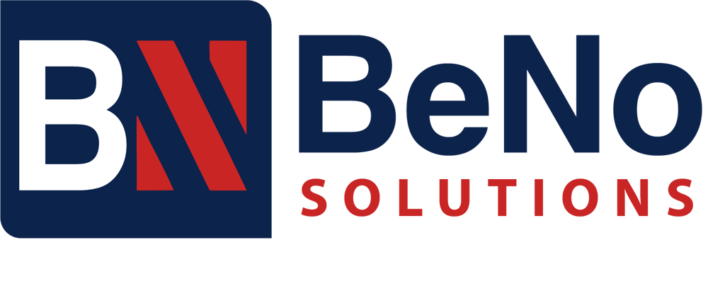 BN BeNo SOLUTIONS Logo mit weißem "B", rotem "N", blauem "BeNo" und rotem "SOLUTIONS" Schriftzug.