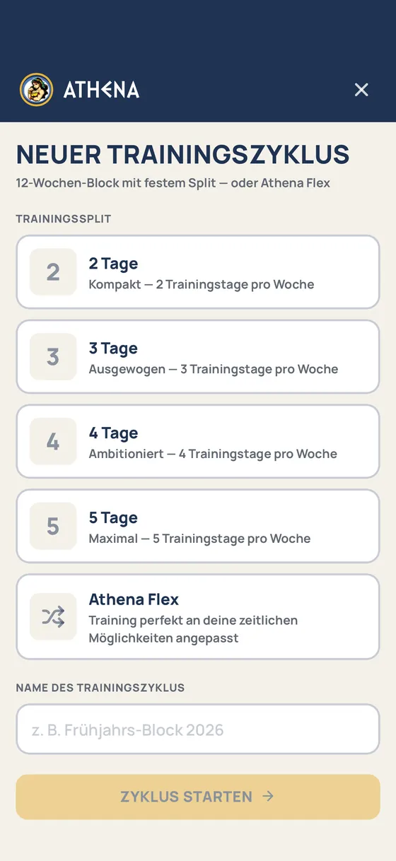 Auswahl in der App: 2, 3, 4 oder 5 Tage pro Woche oder Athena Flex