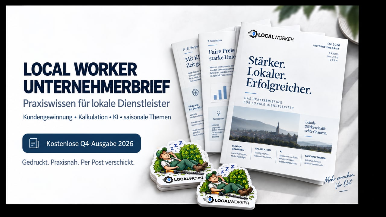 Gedruckter LOCAL WORKER Unternehmerbrief mit Innenseiten und Magnet-Beilagen, aufgestellt auf einem Tisch