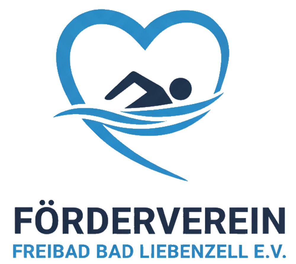 Logo des Fördervereins Freibad Bad Liebenzell e.V. mit Herz-Symbol und Schwimmer-Piktogramm auf schwarzem Grund.