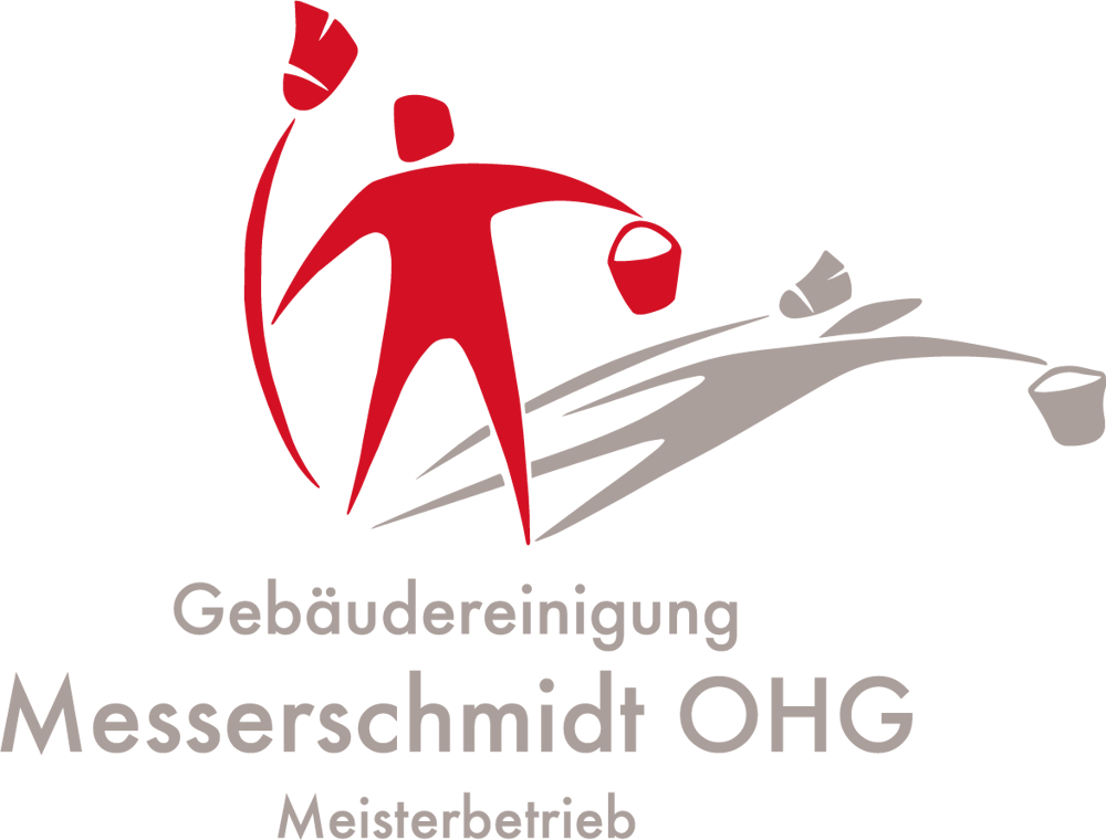 Logo: Rote Figur mit Wischmopp und Eimer, Text "Gebäudereinigung Messerschmidt OHG Meisterbetrieb".