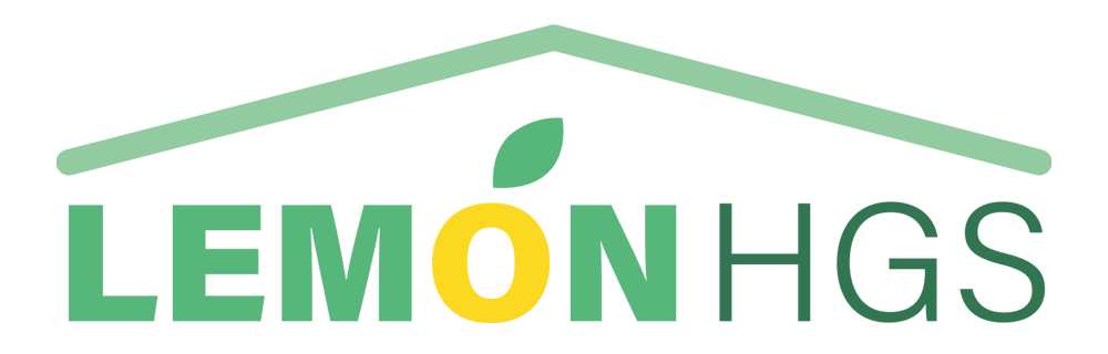 Grünes Lemon HGS Logo mit gelbem "O" als Zitrone und einem Hausdach-Symbol.