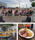 Gruppe von Menschen winkt, Restaurantbar und Teller mit gebratenem Fleisch, Knödeln, und Sauerkraut.