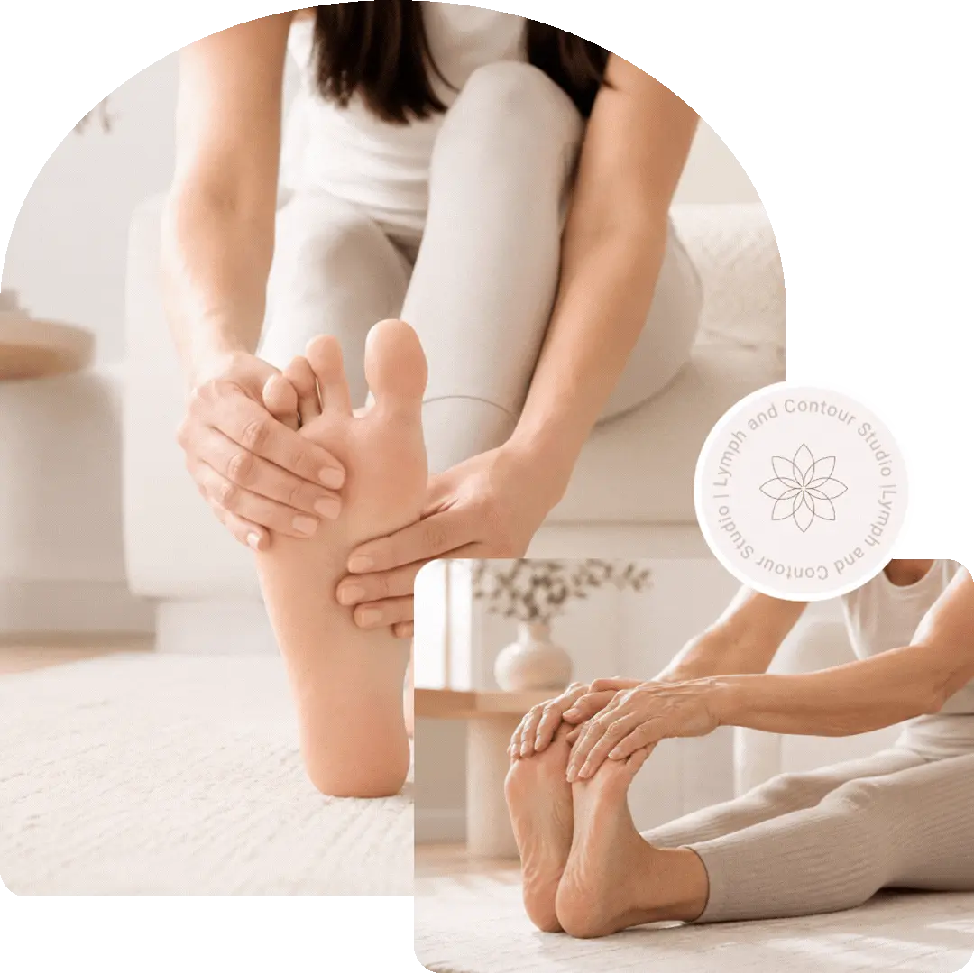 A person massages their bare foot and performs a seated leg stretch next to the Lymph and Contour Studio logo.