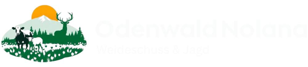 Logo mit Bergen, Wald, Sonne, Hirsch und den Worten "Odenwald Nolana Weideschuss & Jagd".