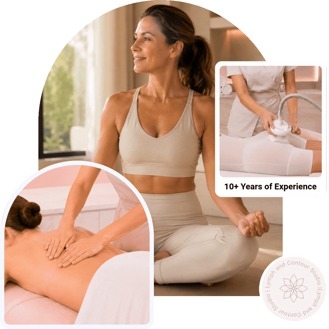 Collaged photos showing a woman meditating, a back massage, and a body contouring treatment at Lymph and Contour Studio