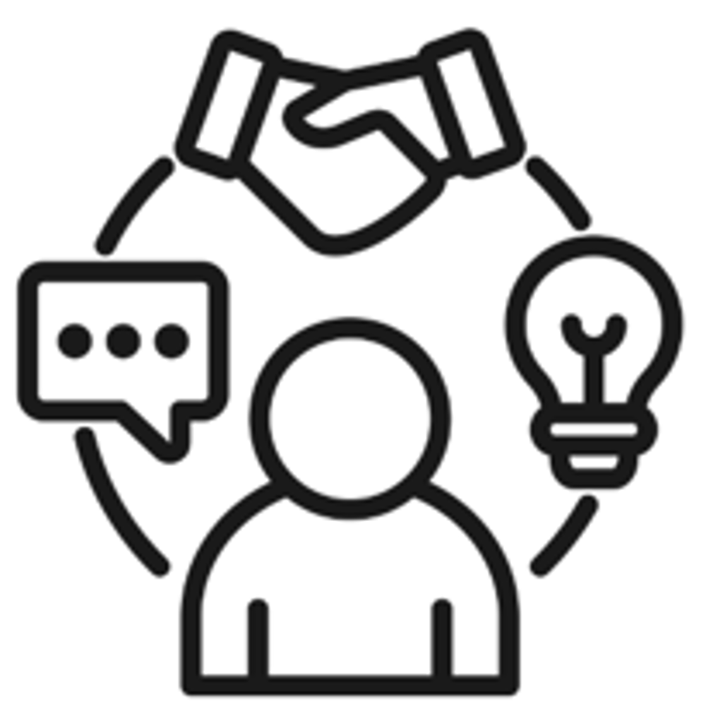 Icon einer Person umgeben von Händeschütteln, Sprechblase und Glühbirne für Beratung, Kooperation und Ideenfindung.