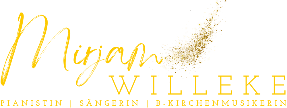Goldene Schriftzüge "Mirjam WILLEKE", "Pianistin | Sängerin | B-Kirchenmusikerin" für Beerdigungen und Trauerfeiern in Bremen und ganz Deutschland - auf dunkelgrünem Hintergrund.