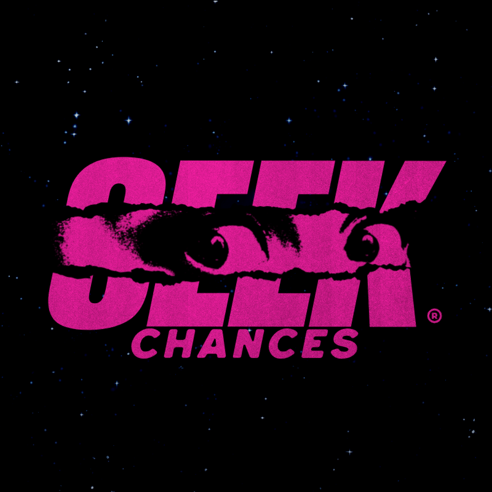 Pink "SEEK" logo with a pair of eyes peering through ripped letters, "CHANCES" below, on a starry black background.