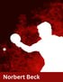 Weiße Silhouette eines Tischtennisspielers mit Schläger und Ball vor rotem Hintergrund, Text: Norbert Beck.