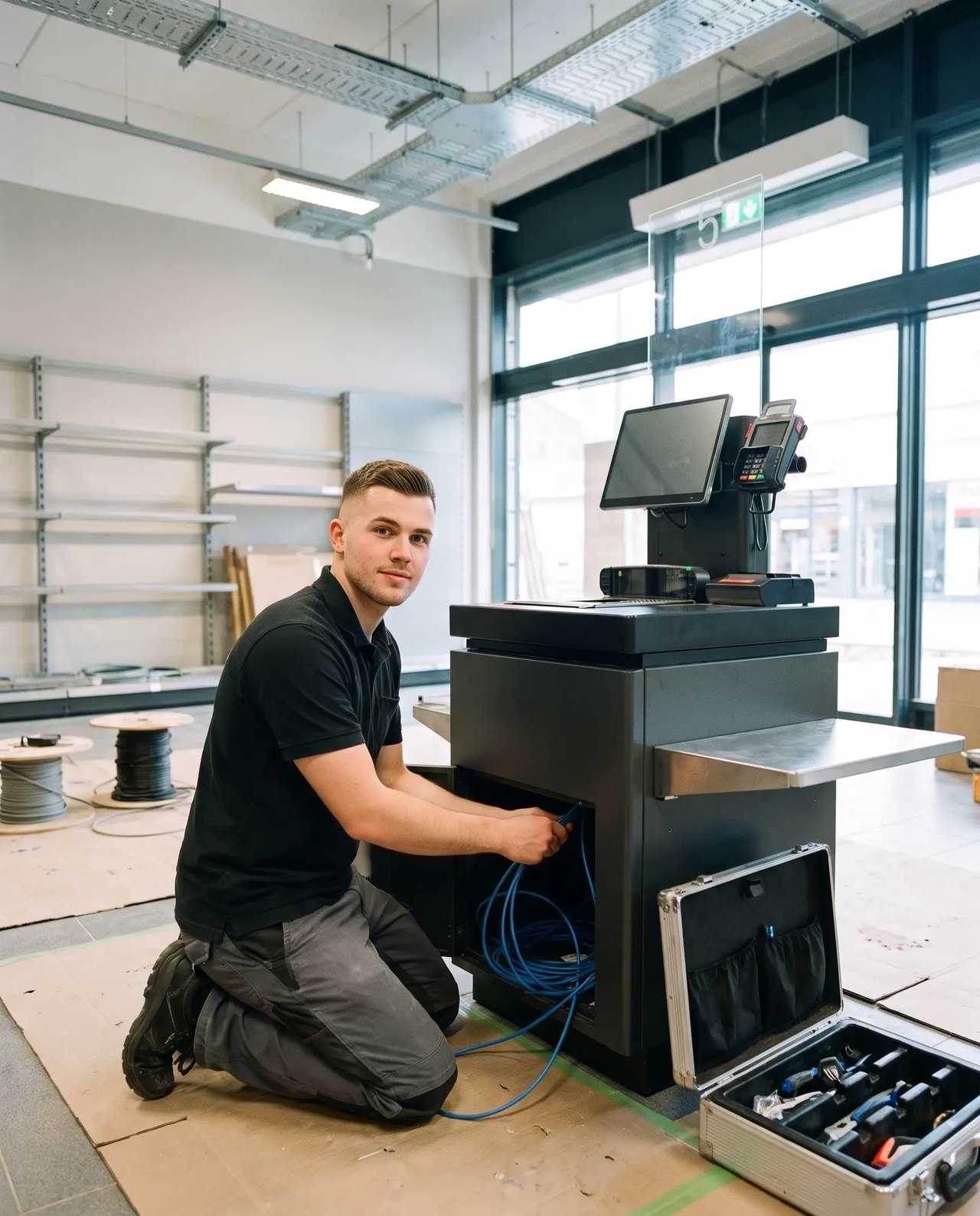 Techniker verkabelt eine Reihe Self-Checkout-Terminals in einem neuen Markt