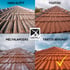 Four-panel grid showing roof tile cleaning and coating process: before, cleaning, priming, and final durable coating.