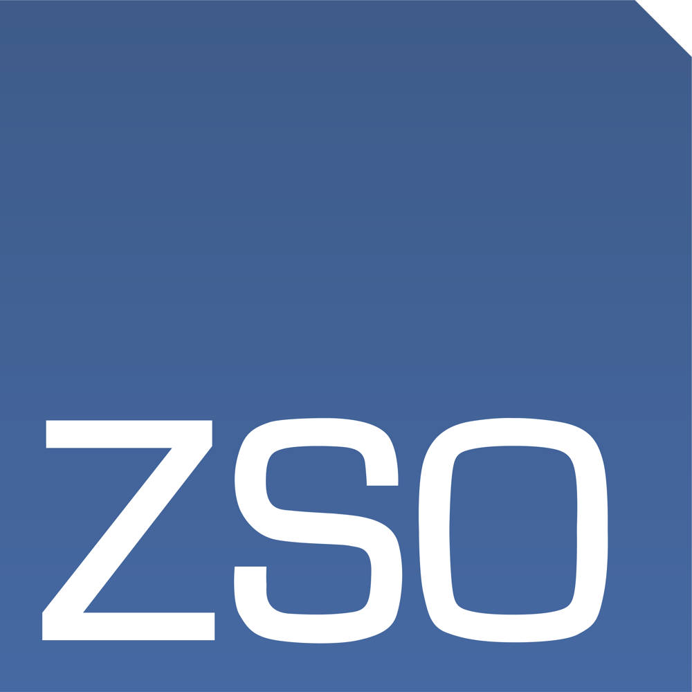 Das blaue Quadrat zeigt die weißen Großbuchstaben ZSO in der unteren linken Ecke.