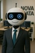Ein weißer Roboter mit leuchtenden Augen und Antenne trägt einen Anzug und eine blaue Krawatte.