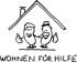 Schwarz-weiße Zeichnung mit zwei Bohnenfiguren unter einem Hausdach und dem Schriftzug „Wohnen für Hilfe“.