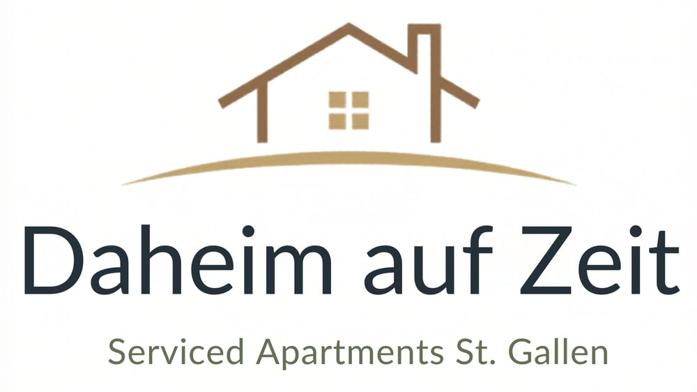 Braunes Hausdach über der Schrift "Daheim auf Zeit Serviced Apartments St. Gallen".
