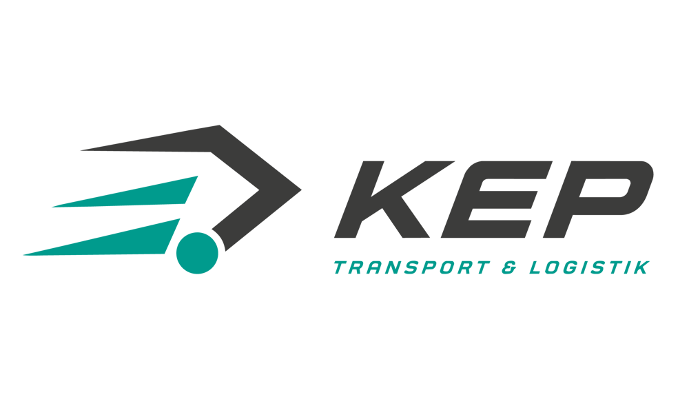 Grünes KEP Transport & Logistik Logo mit stilisiertem, pfeilförmigem Symbol auf dunkelgrünem Hintergrund.