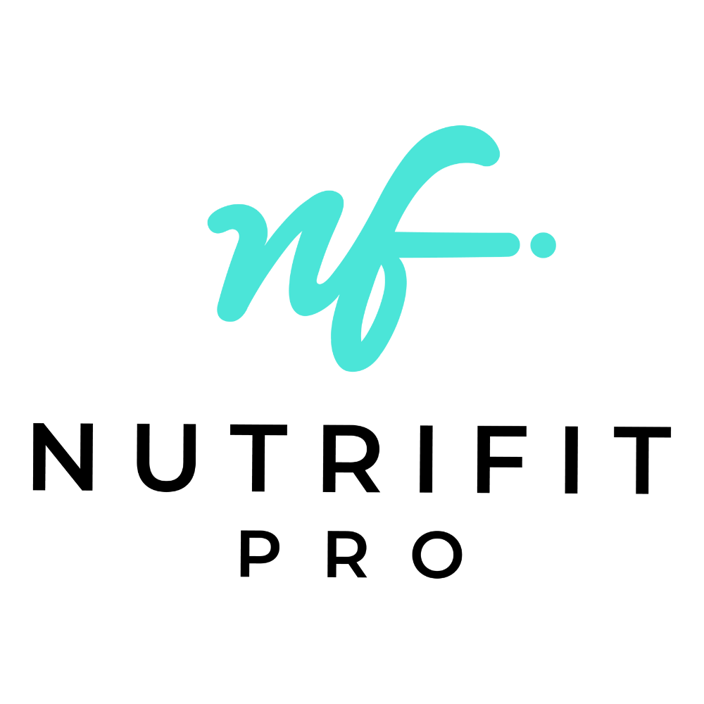 Nutrifit Pro Logo mit türkisfarbenem "nf"-Monogramm und schwarzem Schriftzug "NUTRIFIT PRO".