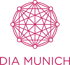 Pink geometric network icon above "DIA MUNICH" text on a dark green background.