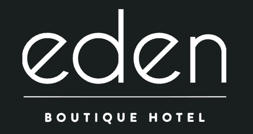 Logo des Eden Boutique Hotels mit weißer Schrift auf schwarzem Hintergrund.