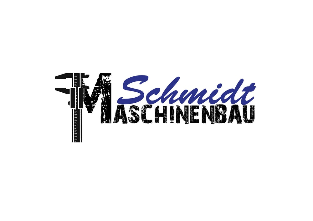 Logo: Messschieber bildet Buchstaben FM, daneben "Schmidt" in Blau, darunter "MASCHINENBAU" in Schwarz.