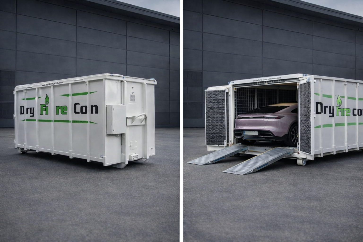 Geöffneter Dry Fire Con mit eingebrachtem Elektrofahrzeug