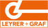 Logo der Leyrer + Graf Baugesellschaft mit weißem grafischem Symbol auf orangefarbenem Hintergrund.